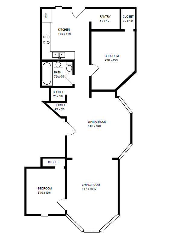 Floor plan for 2 beds, 1 bath, 864 sqft